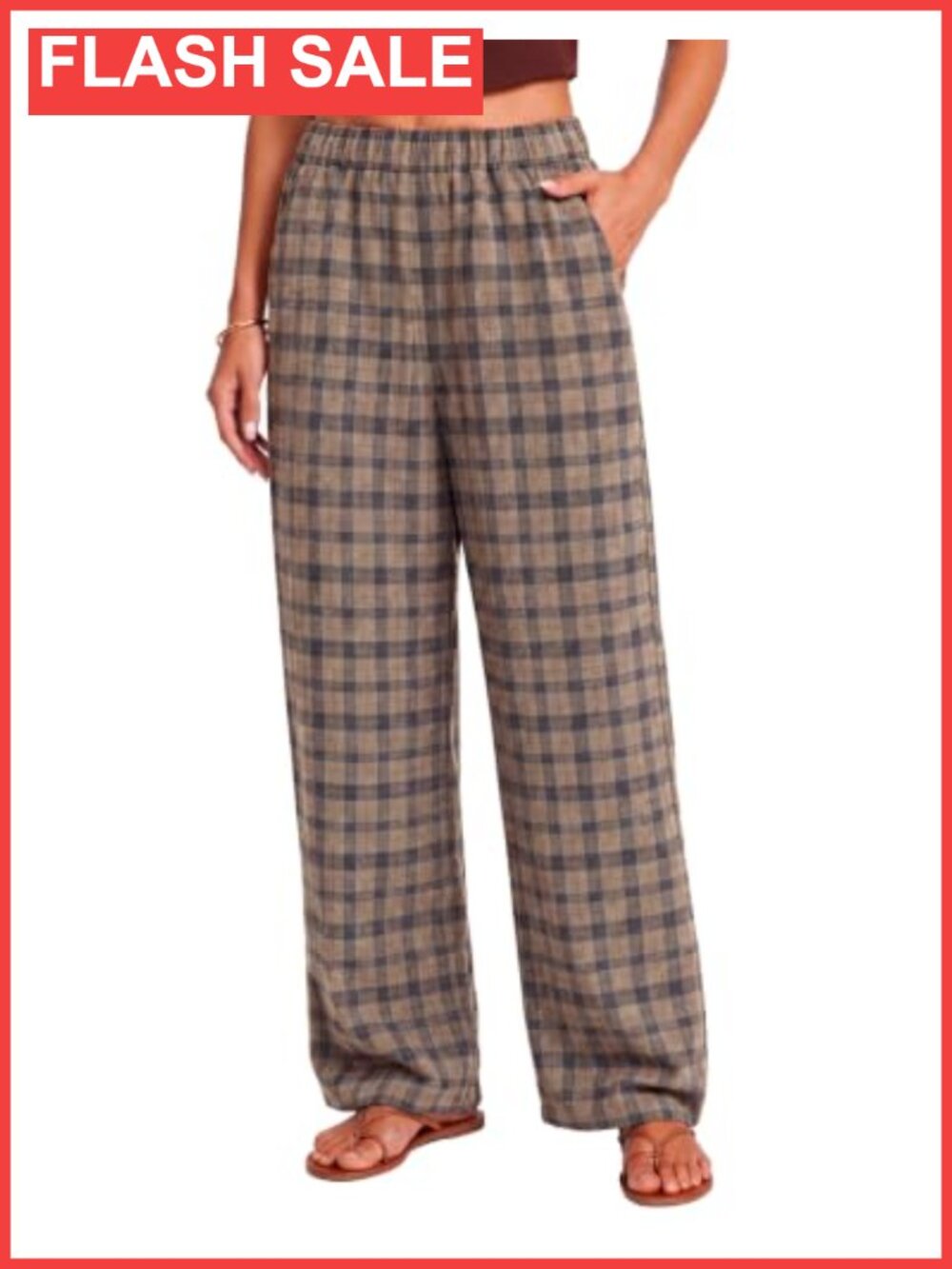 Plaid Wide Leg Pants High Elastic Waist Pull On Work Trousers - Picture 6 of 6